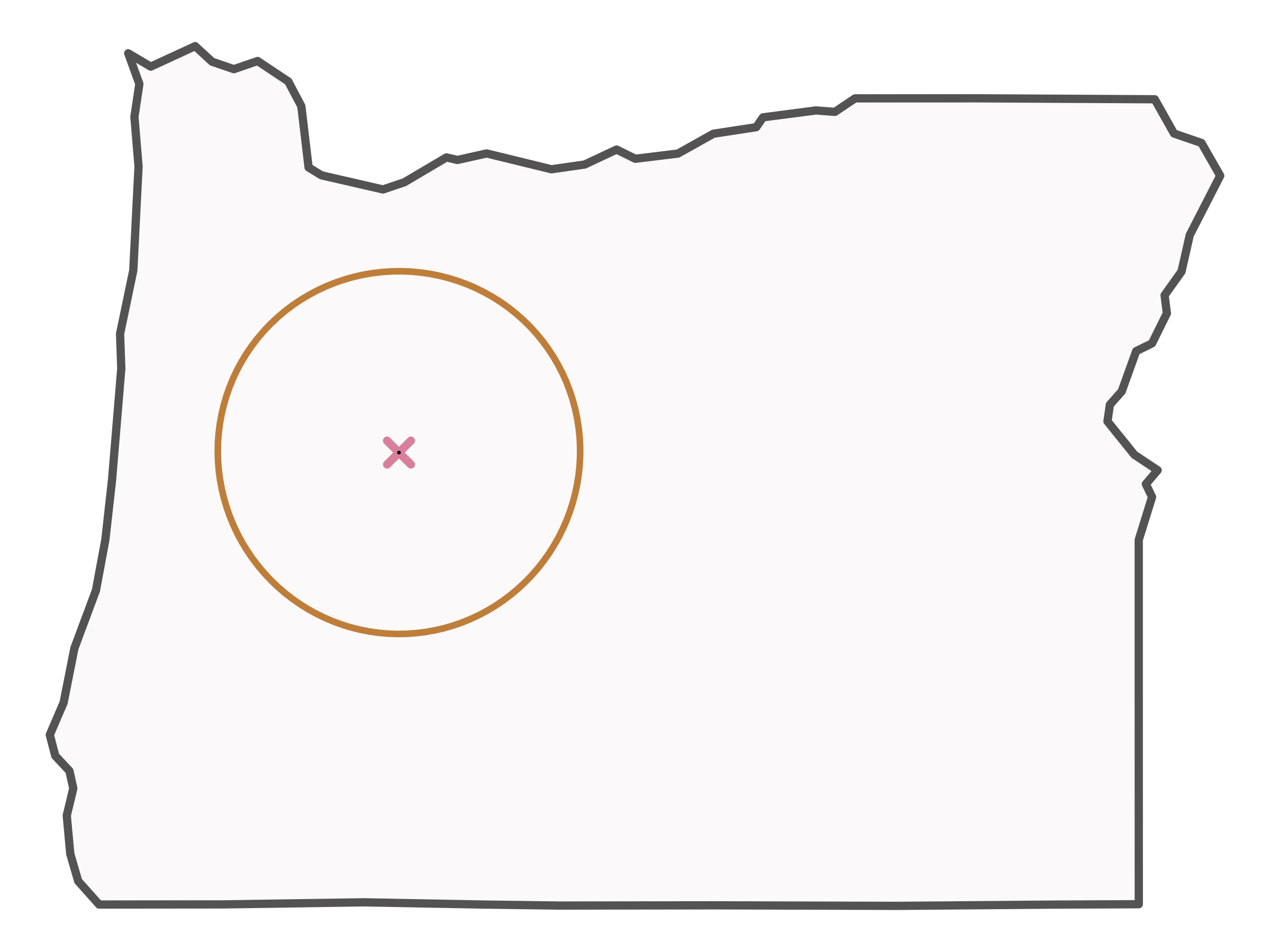 An unlabelled map showing the outline of Oregon state, an x, and a circle surrounding the x.