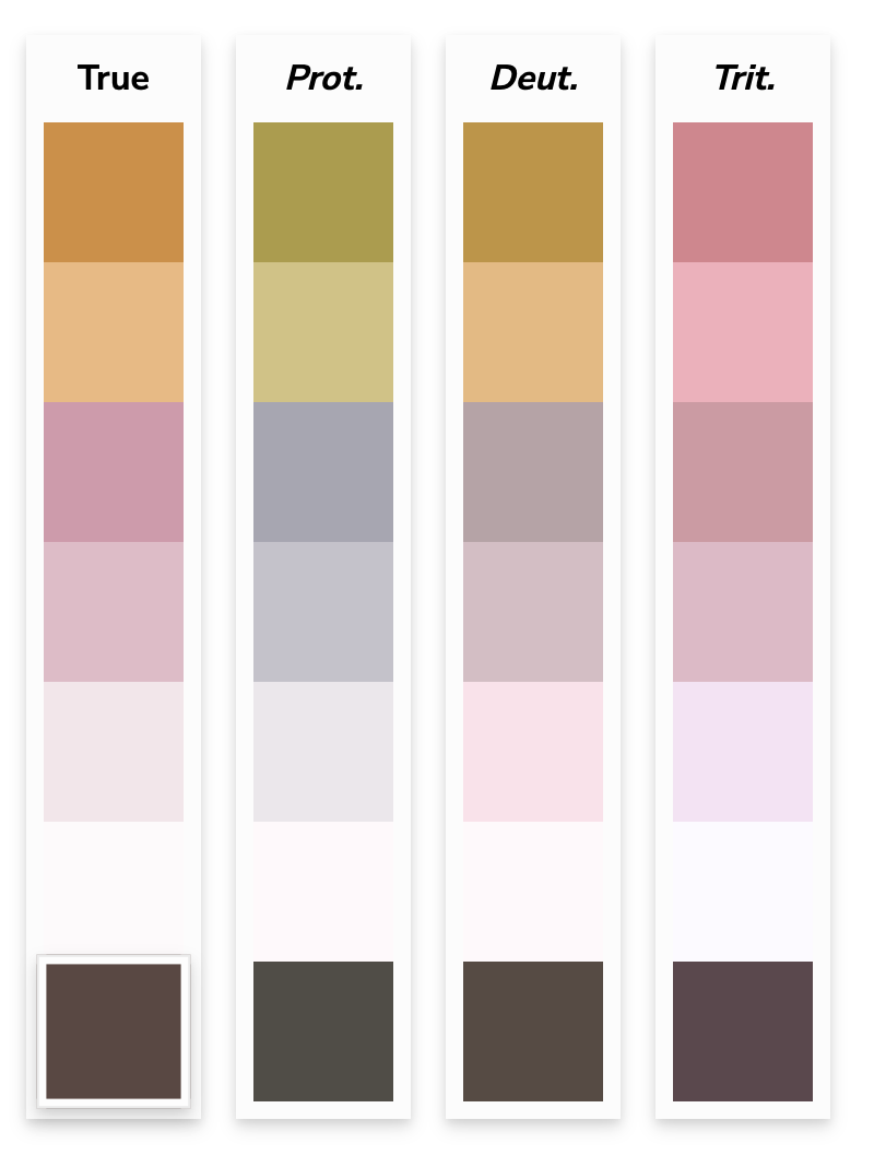 A photo of a color palette with a range of pinks and oranges, as seen by true vision, and 3 common types of color blindness.